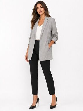 Rachel Zoe Open Front Blazer White Black Check 3/4 Sleeve Ruche
